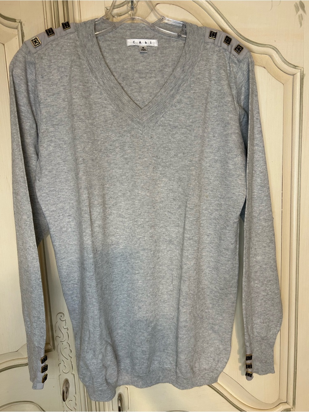CAbi Men's Light Gray V-Neck Sweater with Shoulder Button Detail
